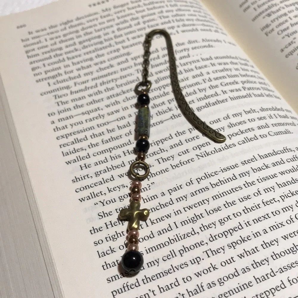 Metal Shepherds Hook Bookmark w/Chain, Metal Cross Bd, Gemstone Bds, & Glass Bds